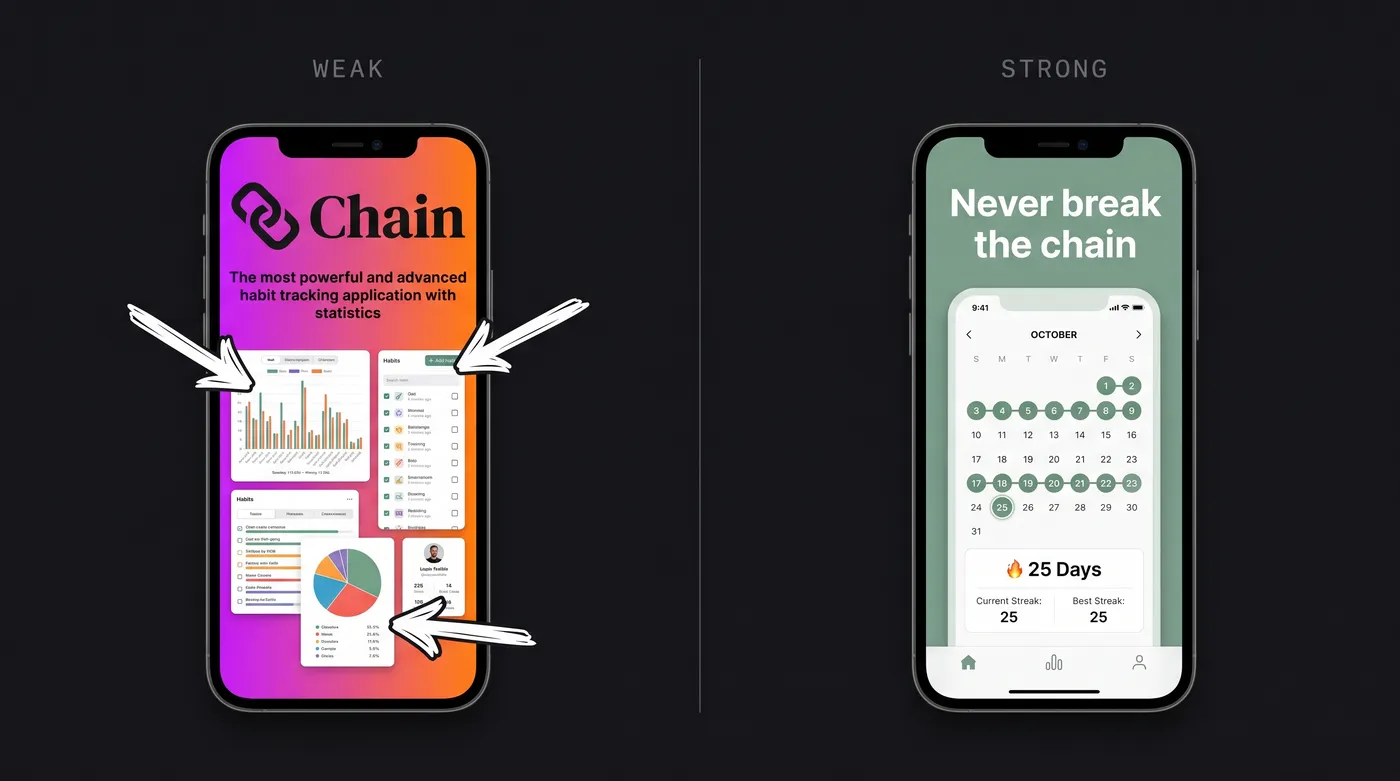 Comparison of a weak App Store screenshot (logo-first, tiny cramped headline, cluttered callout arrows, clashing gradient) and a strong one (single large benefit headline, calm background, one clear focal point)
